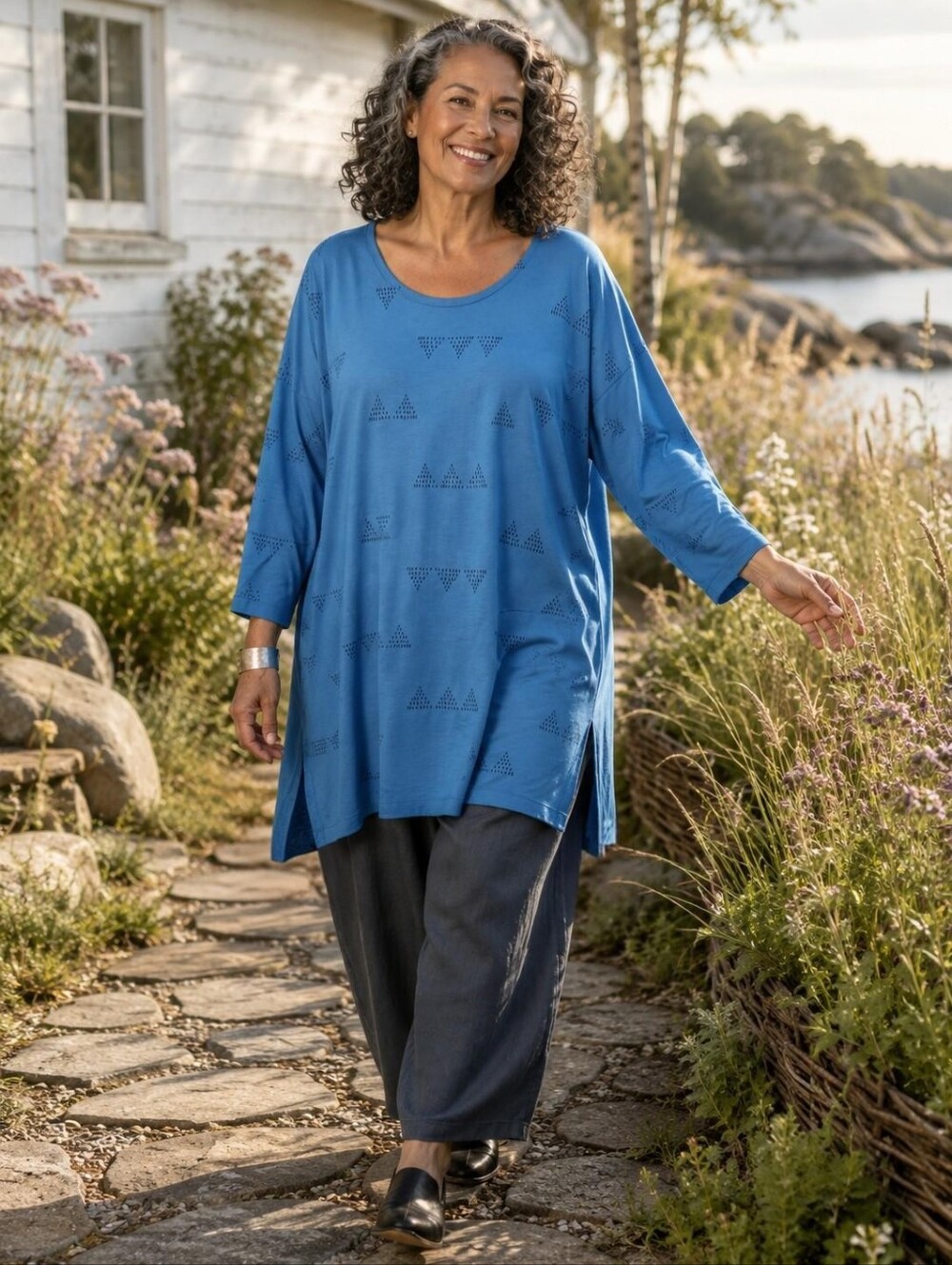 Gudrun Sjödén Blue Modal Geometric Tunic XL Scandinavian Slow Fashion